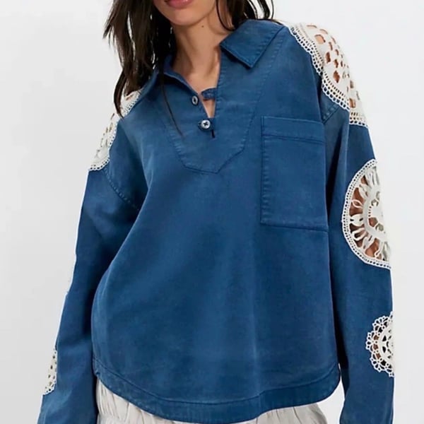 Free People Washed And Crafted Crochet Polo Shirt Blue