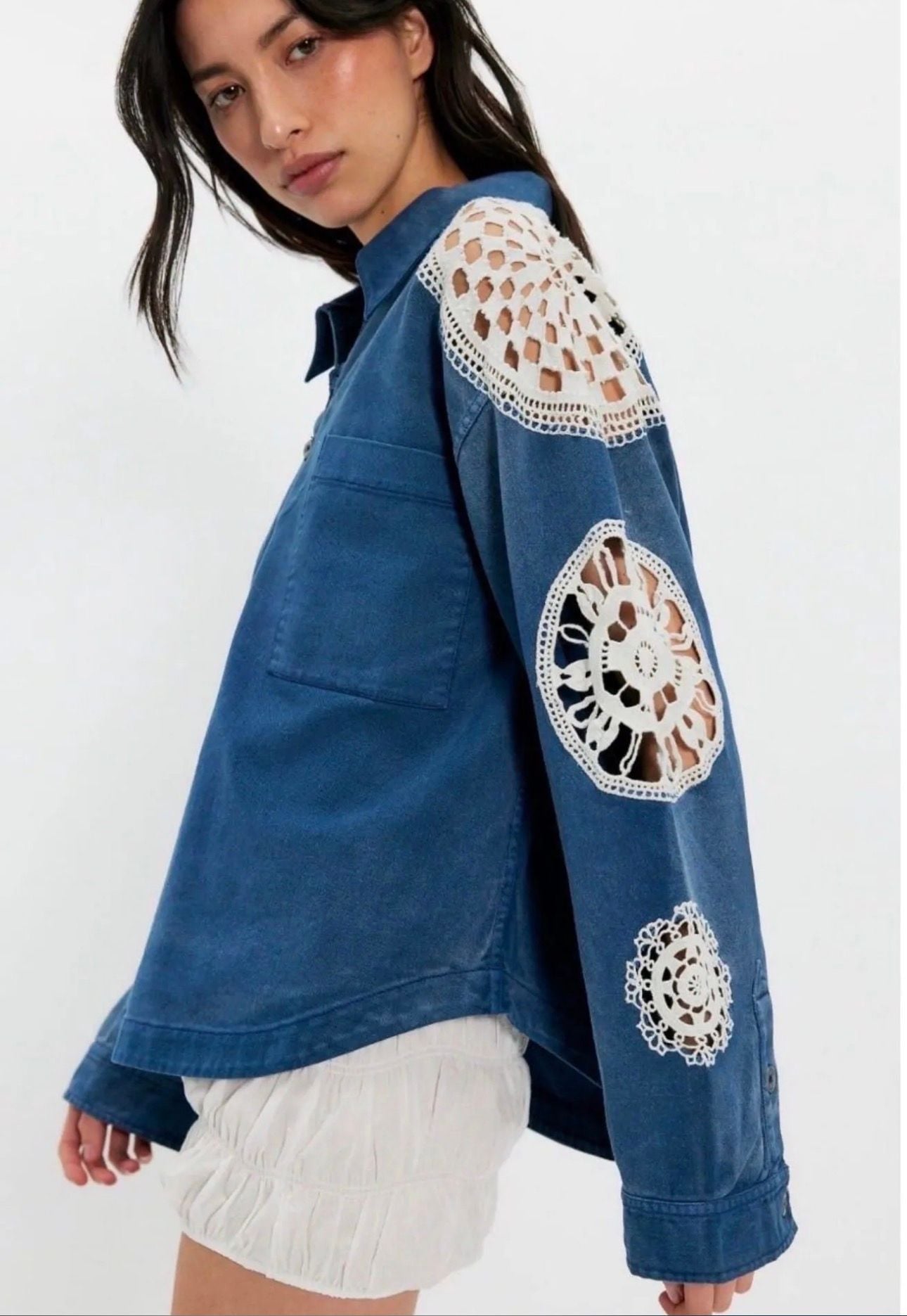 Free People Washed And Crafted Crochet Polo Shirt Blue 3