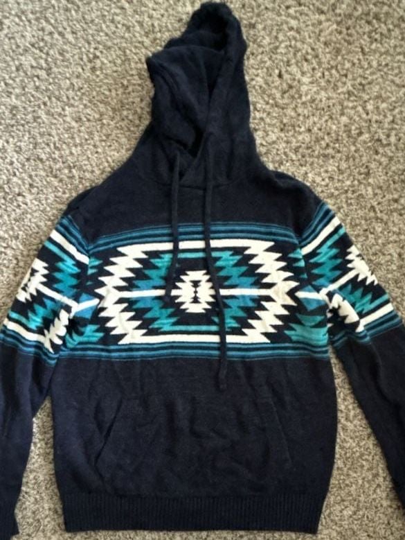 American Eagle Aztec Baja Hoodie Sweater Size M Blue Pullover 2