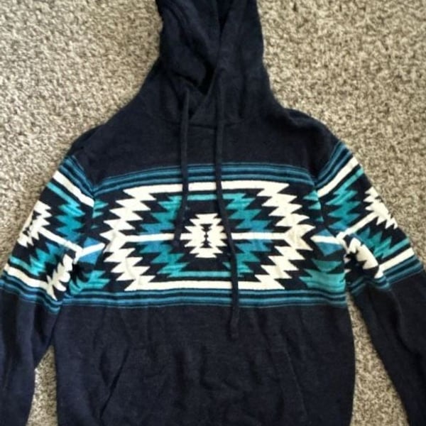 American Eagle Aztec Baja Hoodie Sweater Size M Blue Pullover