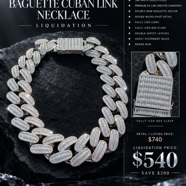 Pardon Me Luxury 18K GF 42MM Double-Row Baguette Iced Cuban Necklace – 24”
