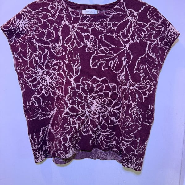 Cynthia Rowley Sleeveless Sweater Size L Burgundy Floral Knit Tank Top