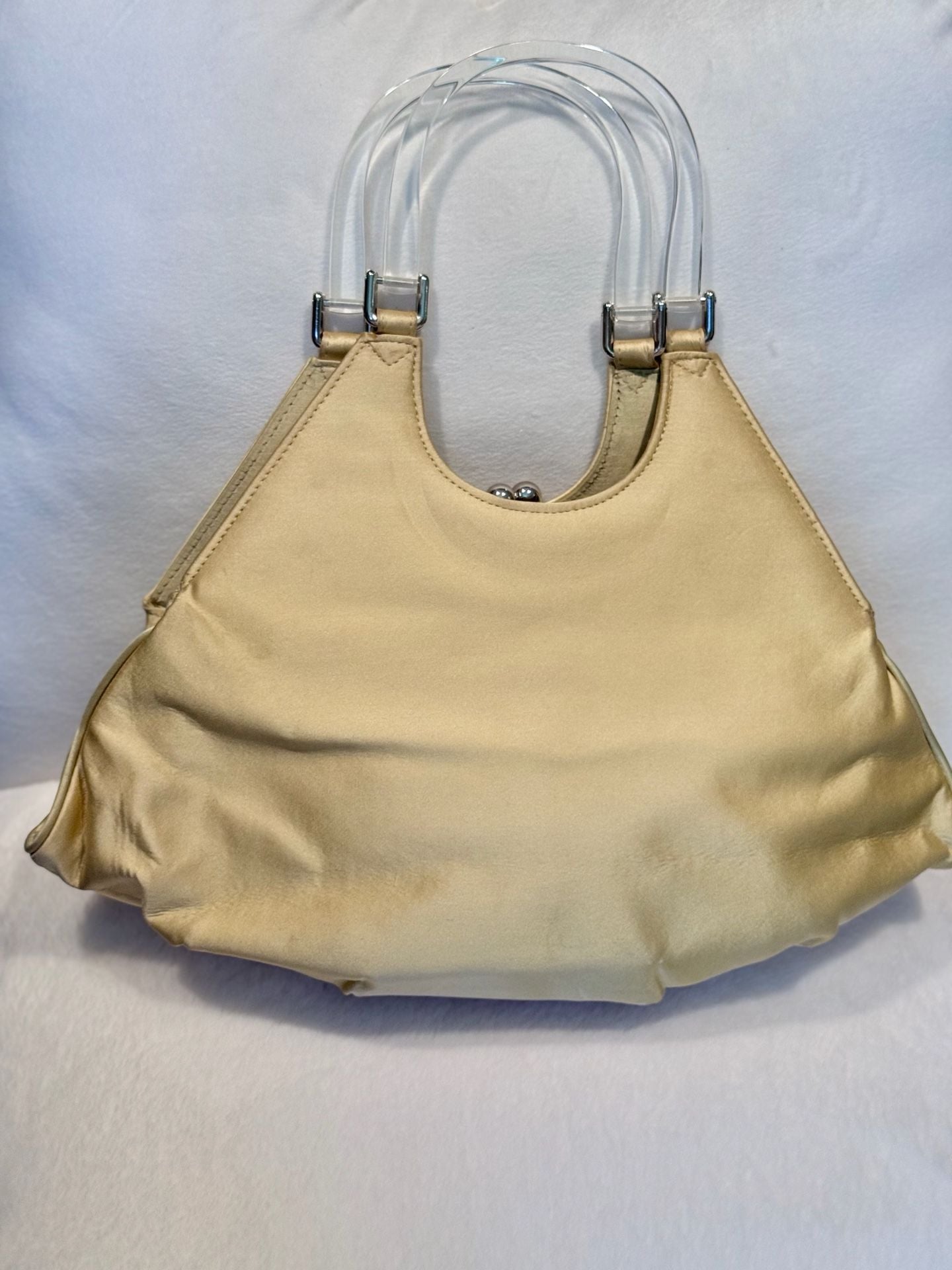 Vintage Retro Yellow Satin Handle Bag Clear Handles Rhinestone Buckle 3