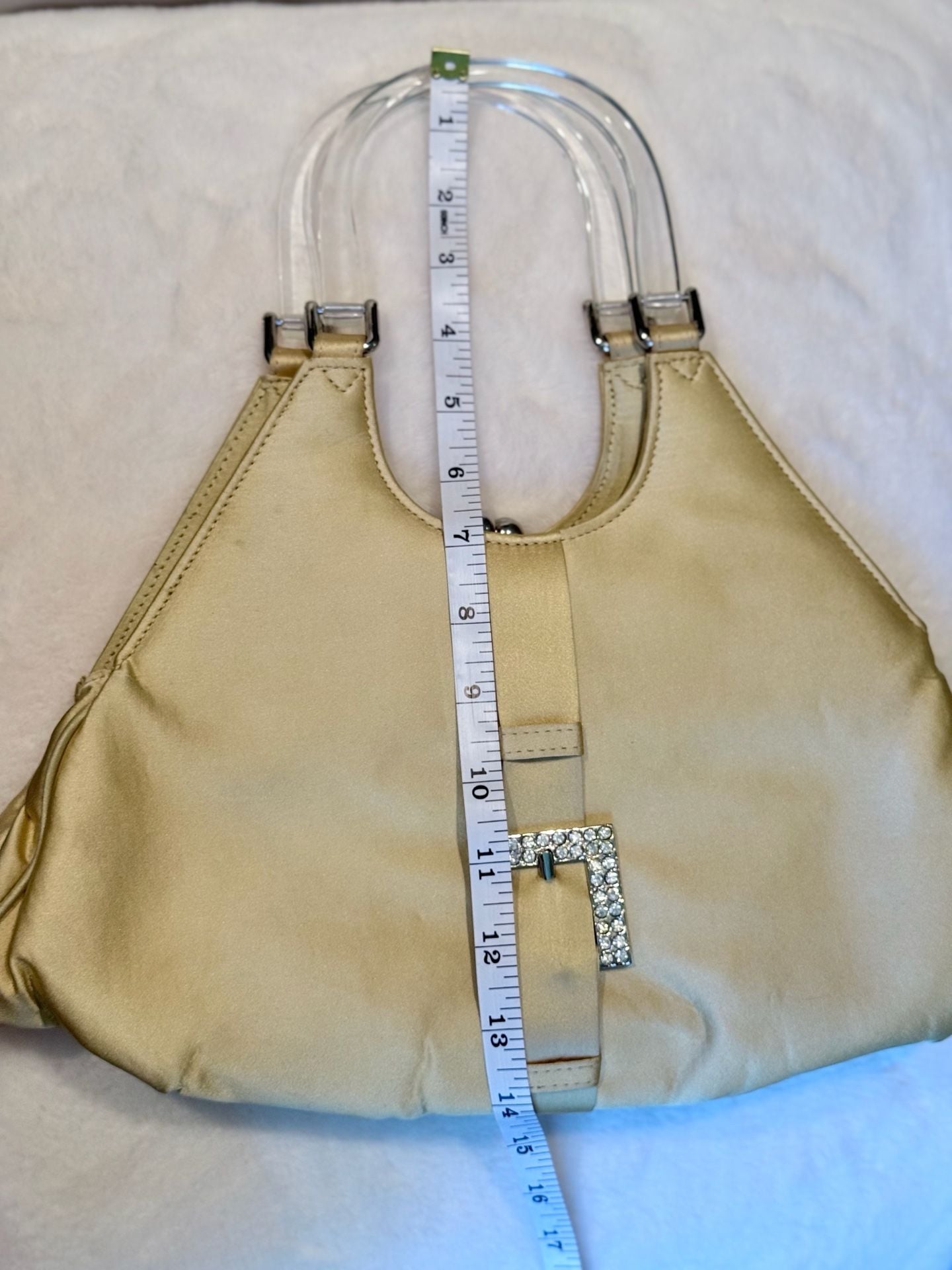 Vintage Retro Yellow Satin Handle Bag Clear Handles Rhinestone Buckle 13