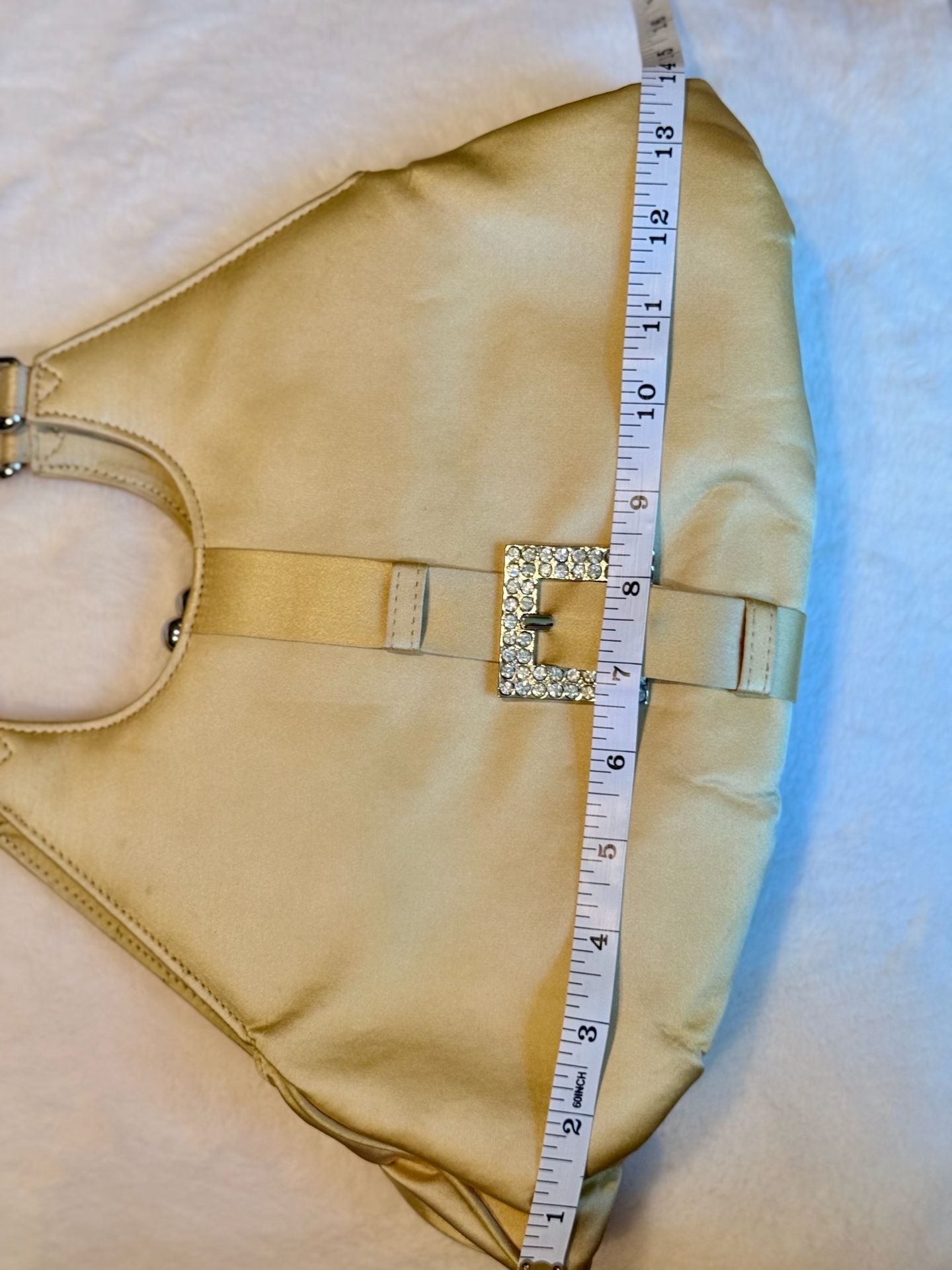 Vintage Retro Yellow Satin Handle Bag Clear Handles Rhinestone Buckle 14