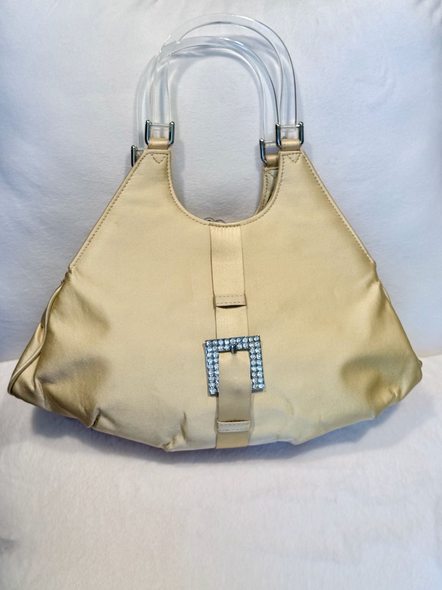 Vintage Retro Yellow Satin Handle Bag Clear Handles Rhinestone Buckle 2