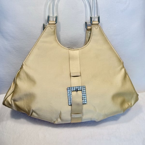 Vintage Retro Yellow Satin Handle Bag Clear Handles Rhinestone Buckle