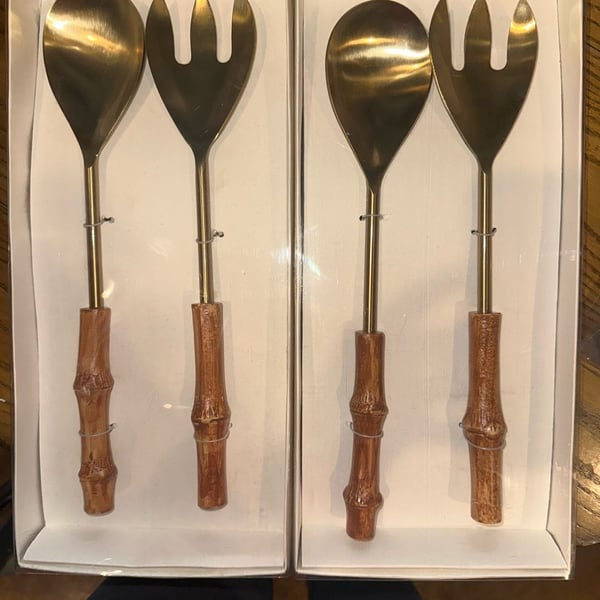Gold Finish Salad Servers w/ Faux Bamboo Handle