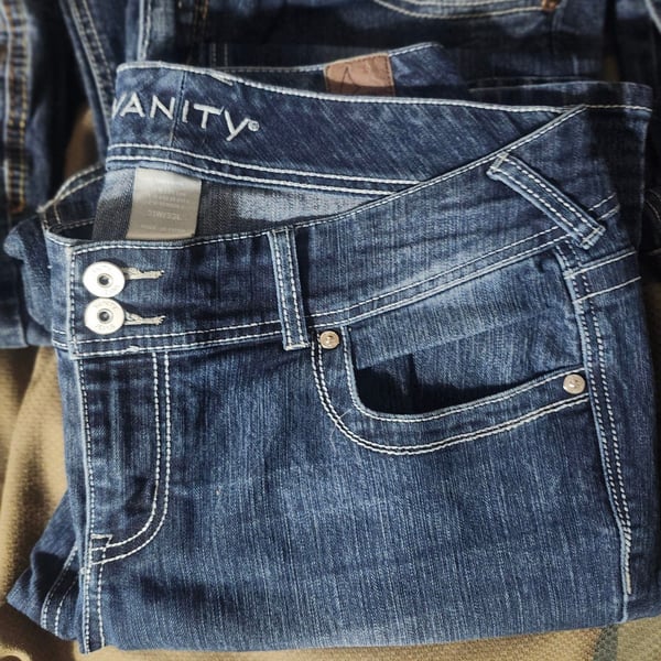 Vanity Flare Jeans Size 31W x 33L Blue Denim Low Rise Double Button