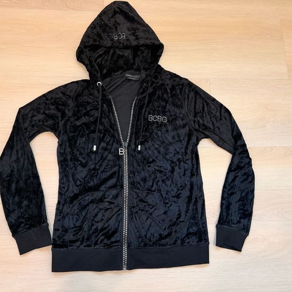 BCBGMaxAzria Zip Up Velvet Hoodie Size M Black Rhinestone Bling Y2K