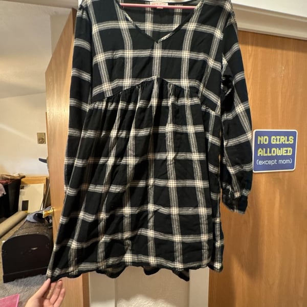 Knox Rose Bishop Sleeve Dress Size L Black Plaid V-Neck Babydoll