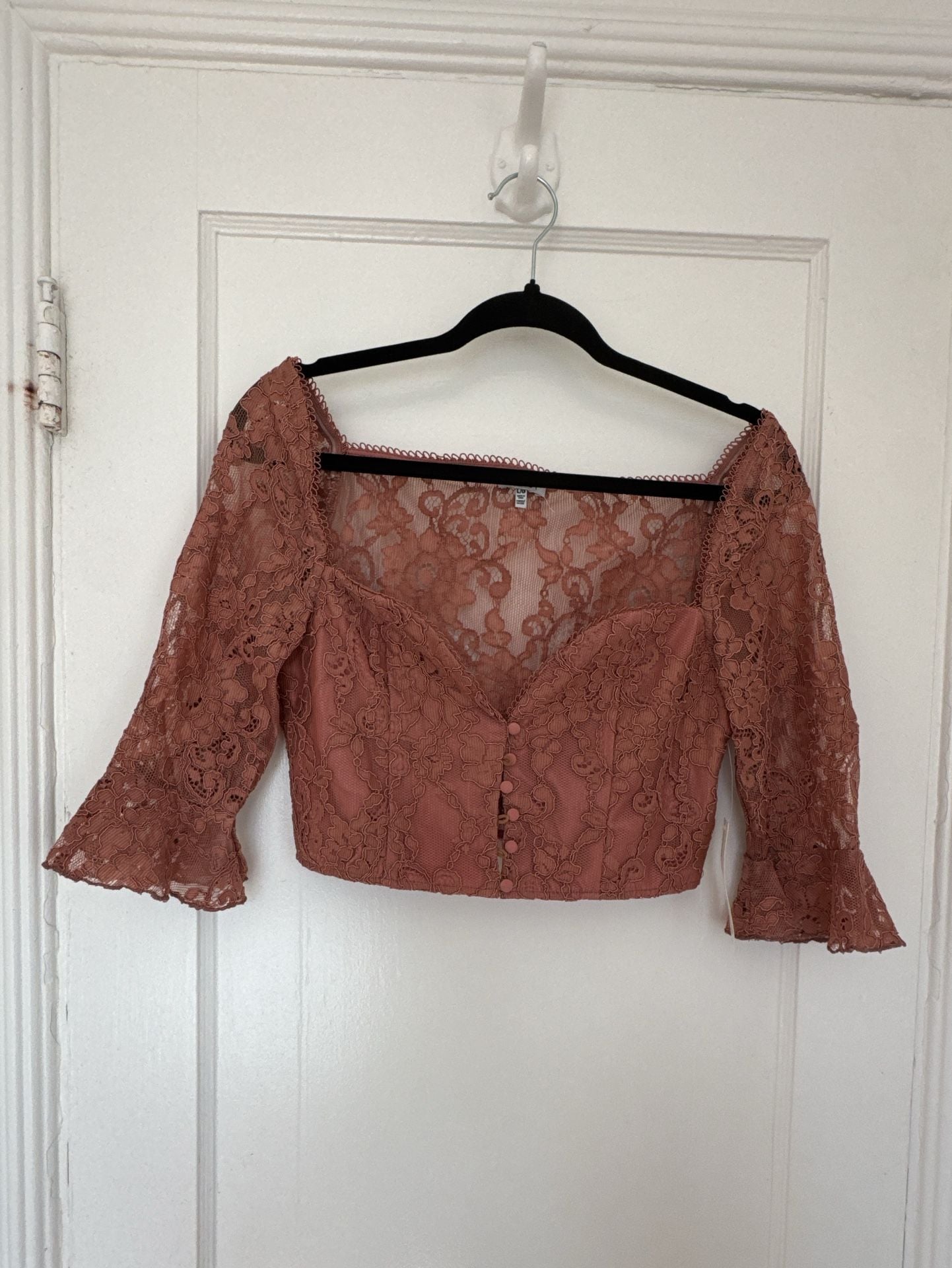 Dusty Rose Lace Crop Top Coquette Romantic Button Front Flared Sleeves Large Twee 2