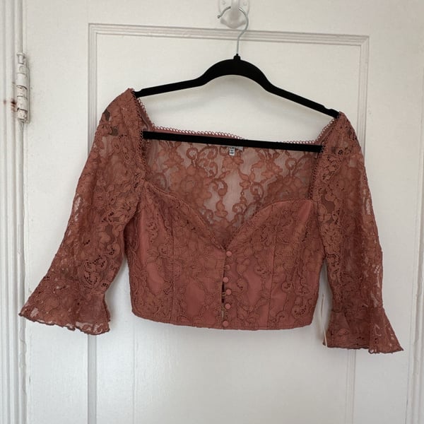 Dusty Rose Lace Crop Top Coquette Romantic Button Front Flared Sleeves Large Twee