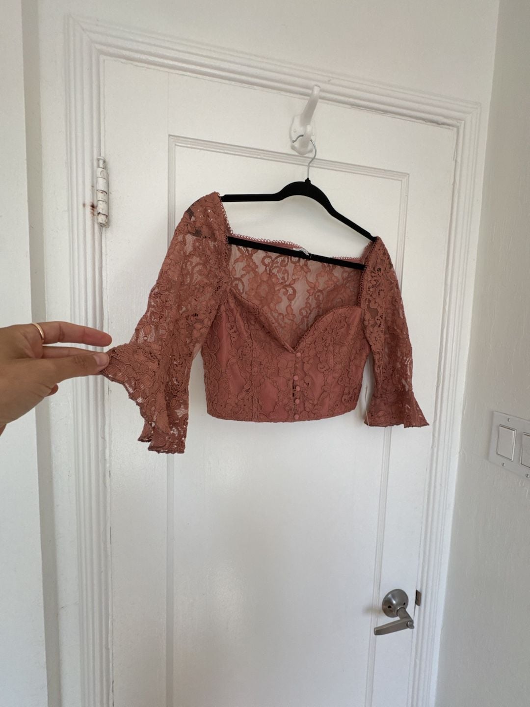 Dusty Rose Lace Crop Top Coquette Romantic Button Front Flared Sleeves Large Twee 4