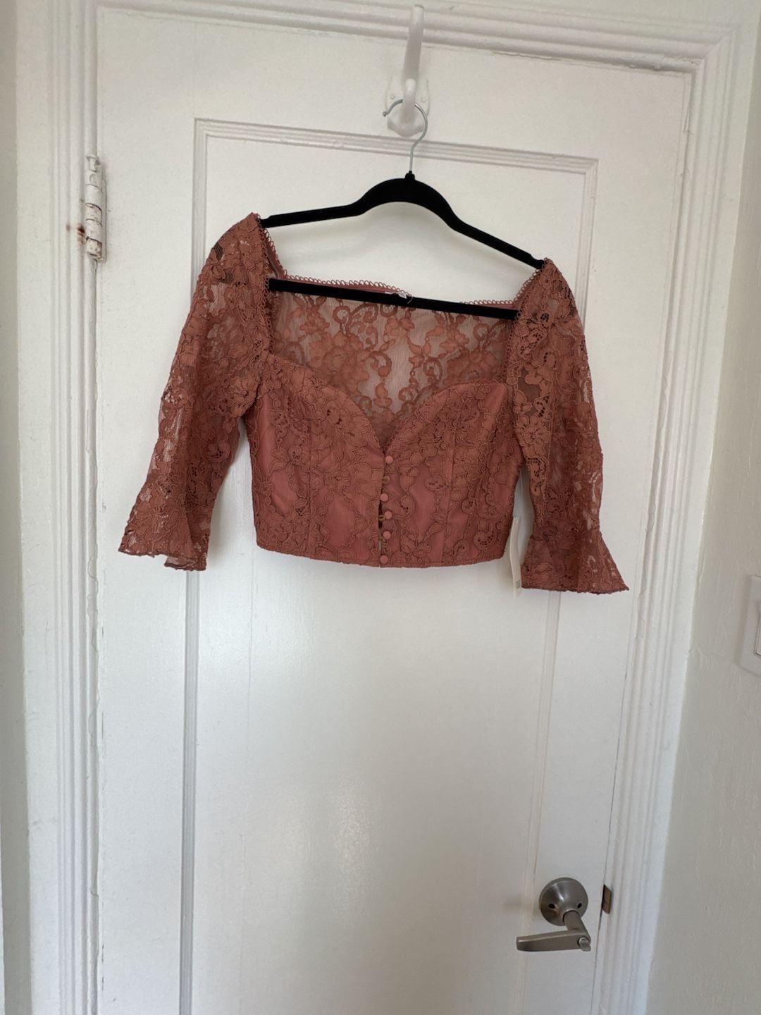 Dusty Rose Lace Crop Top Coquette Romantic Button Front Flared Sleeves Large Twee 5