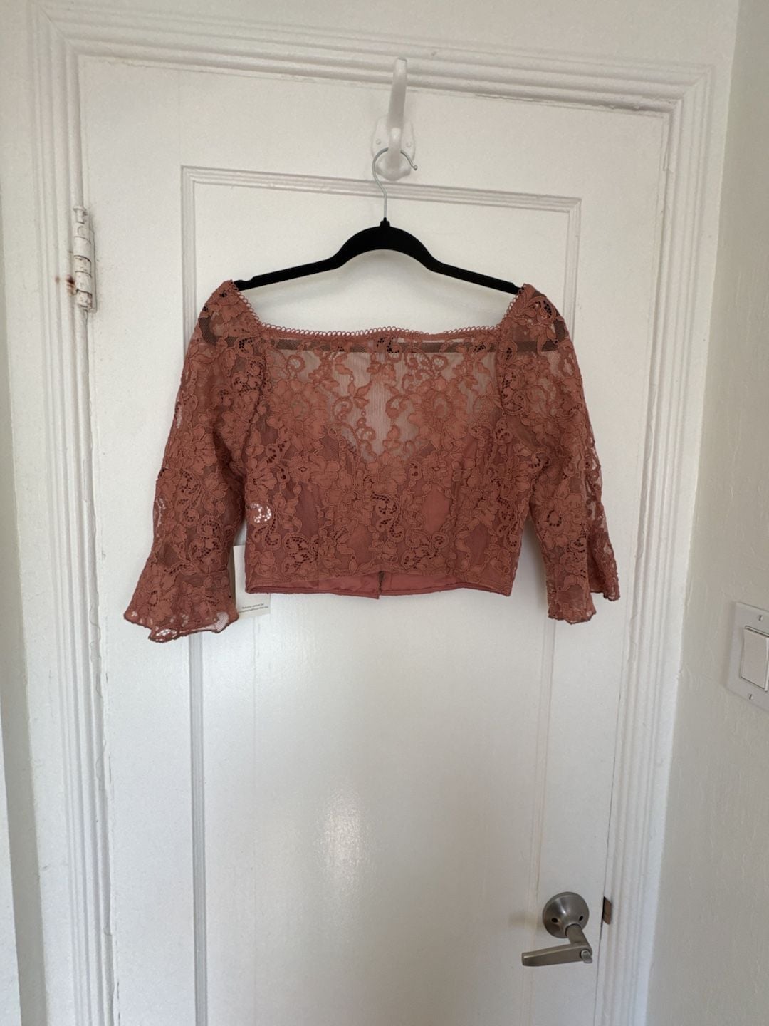 Dusty Rose Lace Crop Top Coquette Romantic Button Front Flared Sleeves Large Twee 6