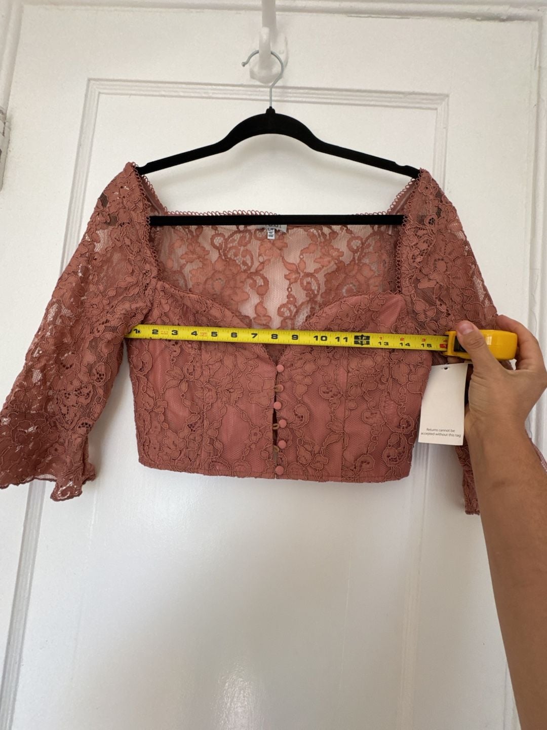 Dusty Rose Lace Crop Top Coquette Romantic Button Front Flared Sleeves Large Twee 7