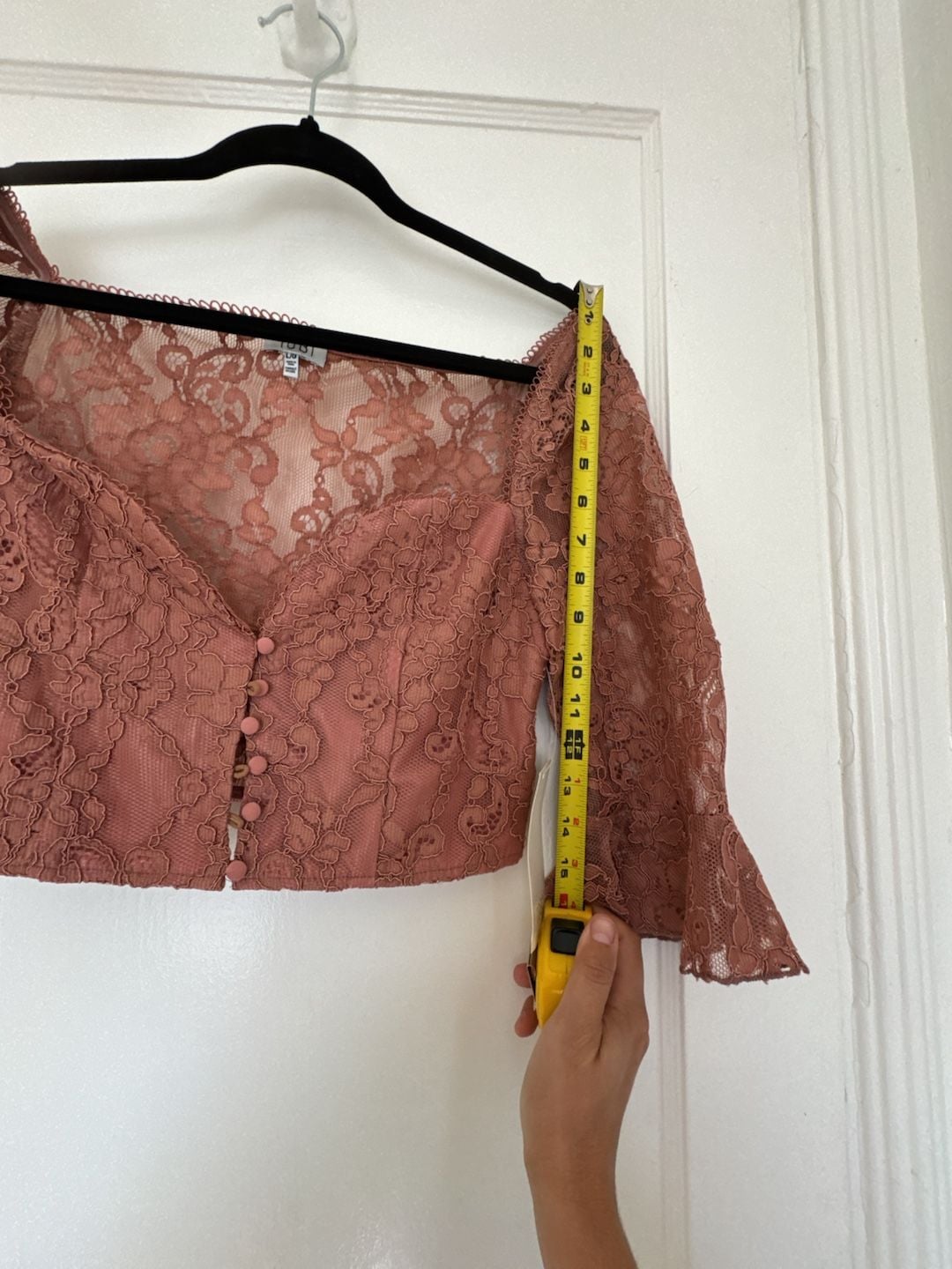 Dusty Rose Lace Crop Top Coquette Romantic Button Front Flared Sleeves Large Twee 8