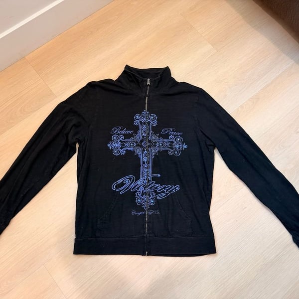 Cowgirl Tuff Co. Full Zip Jacket Size L Black Rhinestone Cross Y2K