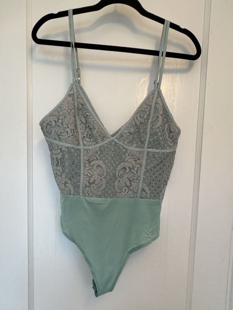 NWT Mint Green Lace Bodysuit Coquette Sheer Floral Teddy Thong Style M/M 3