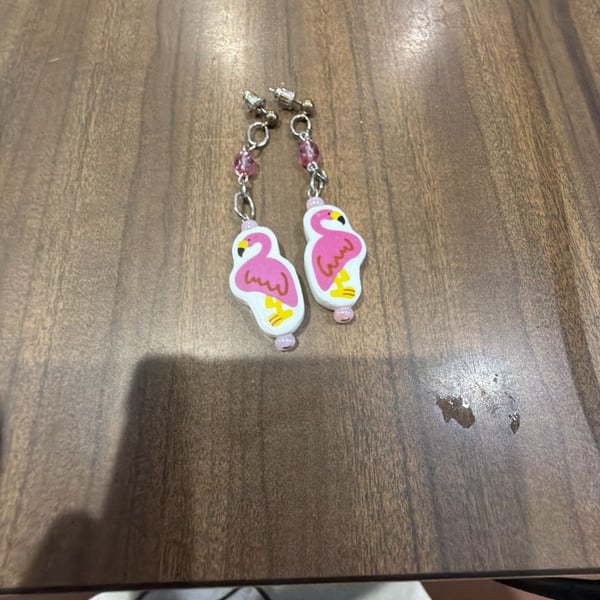 Pink Flamingo Dangle Earrings Handmade Beaded Tropical Jewelry