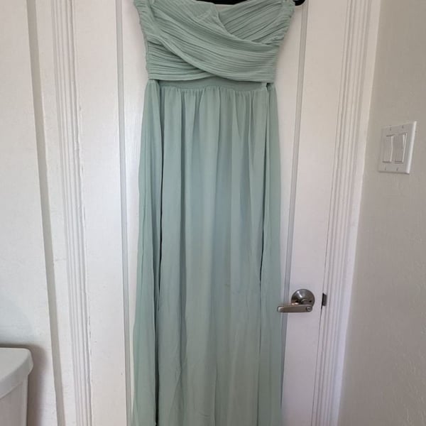 Sage Mint Green Strapless Chiffon Maxi Dress Romantic Coquette Wedding Guest L  prom