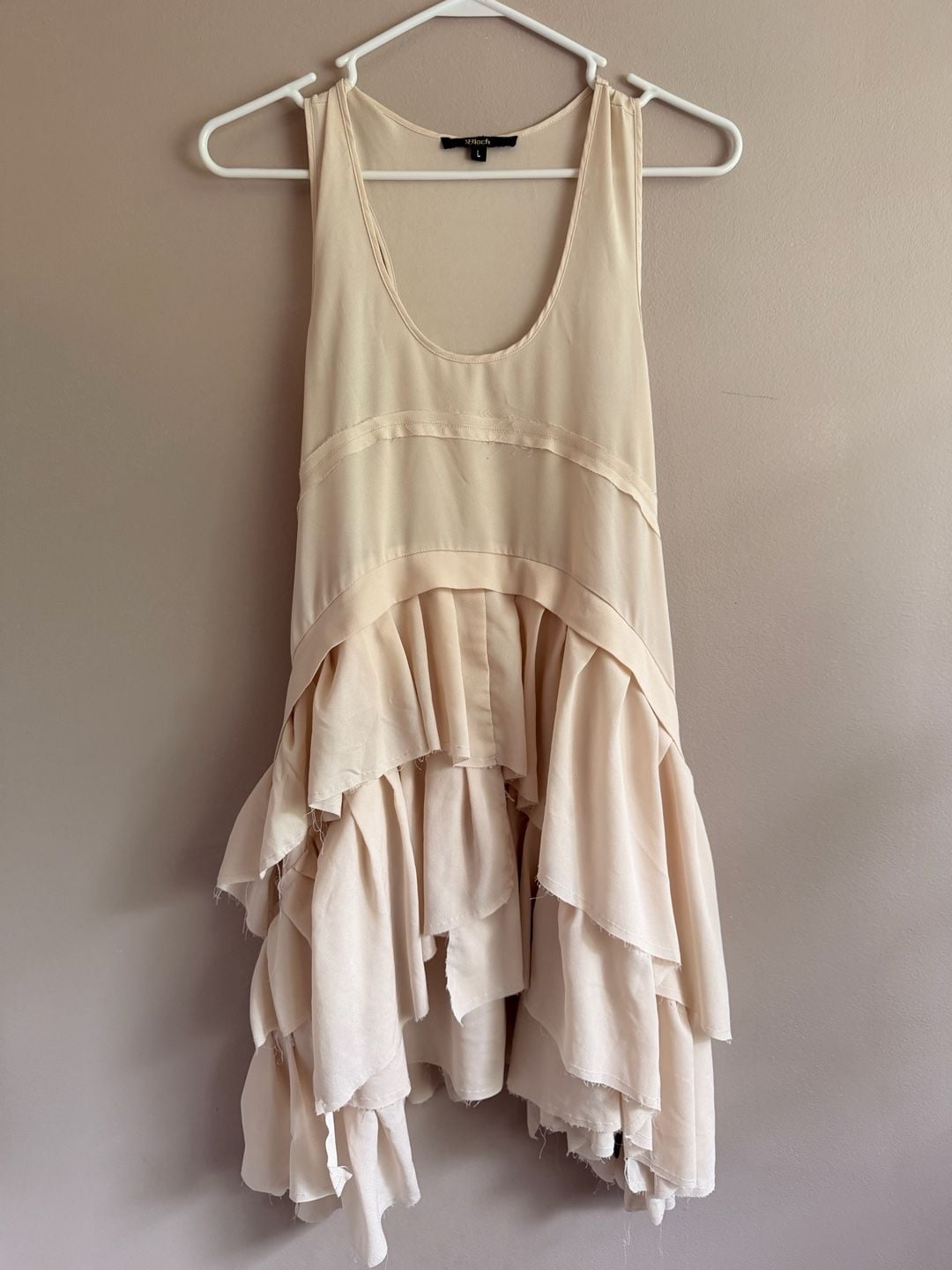 Ladies L Beige Chiffon Ruffle Tiered Asymmetrical Sleeveless Maternity Top Dress 2