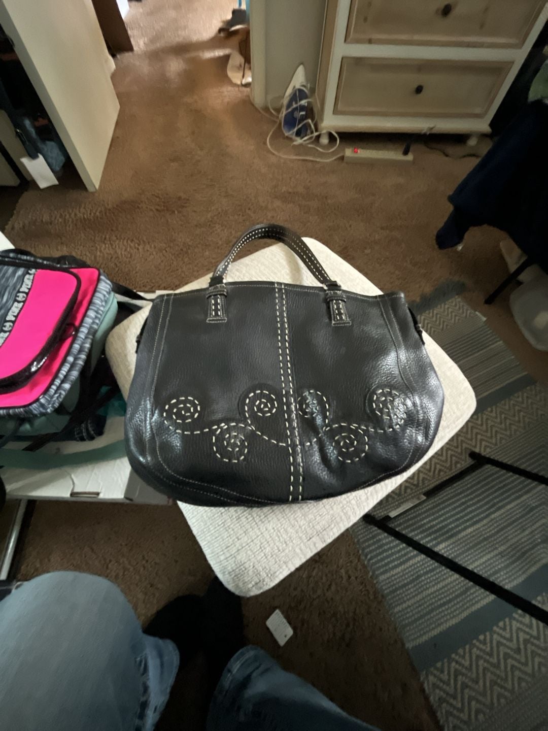 Brighton Black Pebble Leather Swirl Stitched Shoulder Bag 2