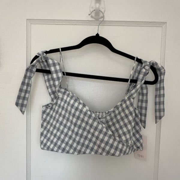 Gingham Crop Top NWT Size M Blue White Tie Strap cottage core farmhouse, tradwife M/M