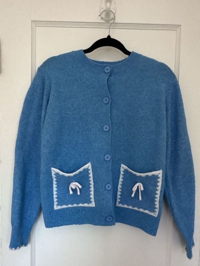 Grandma Blue Knit Cardigan Coquette Bow Pockets Scalloped Edges Prairie Cottagecore S 2