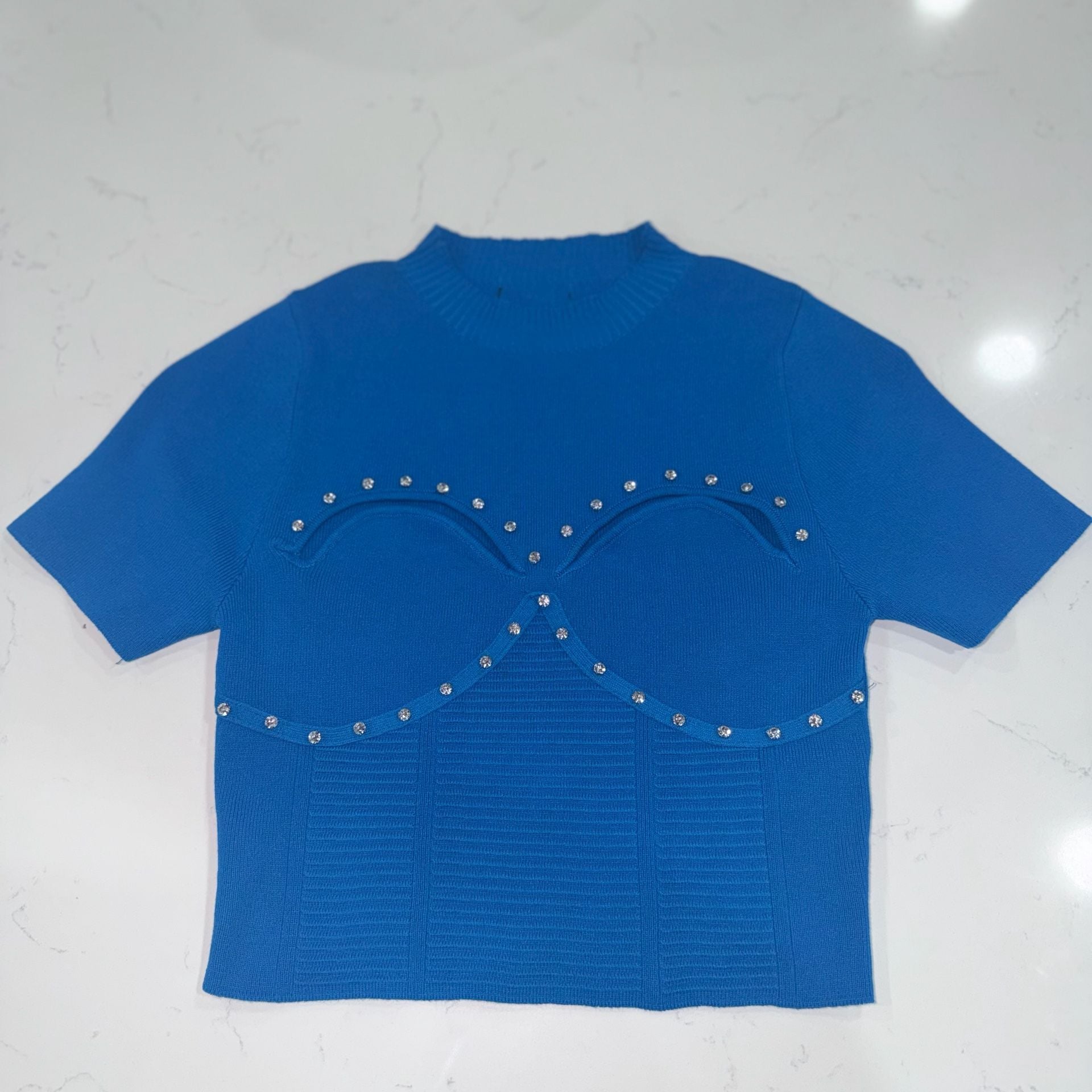 Balboa Figure Form Knit Top Blue Rhinestone Cup Detail 2