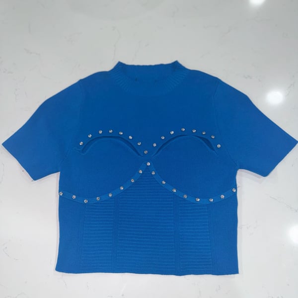 Balboa  Figure Form Knit Top Blue Rhinestone Cup Detail