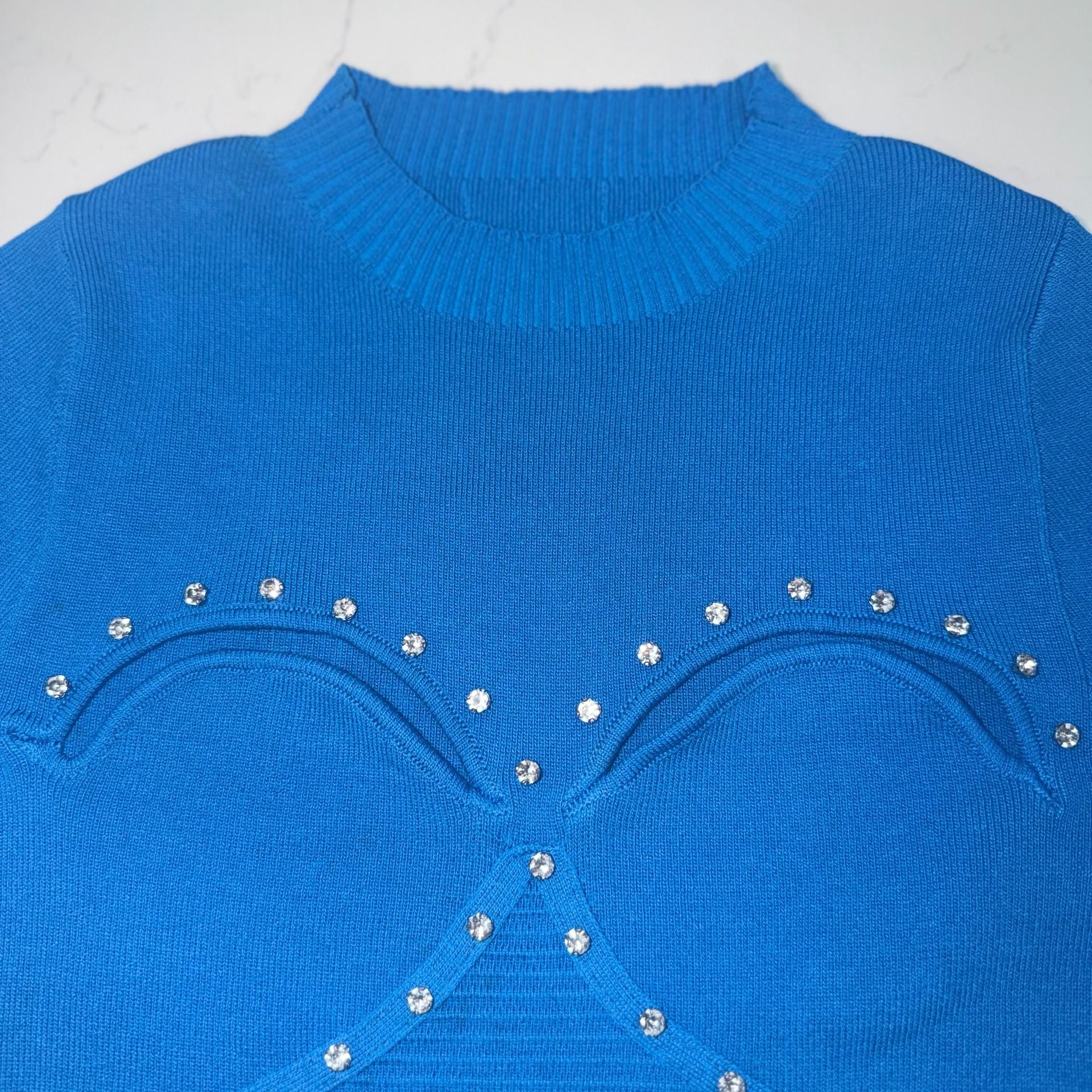 Balboa Figure Form Knit Top Blue Rhinestone Cup Detail 3
