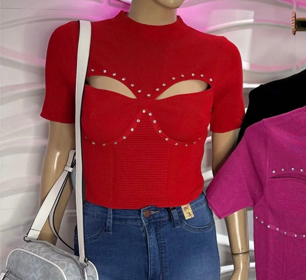 Balboa Figure Form Knit Top Blue Rhinestone Cup Detail 5