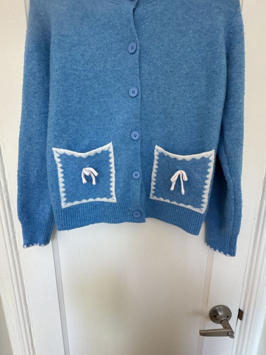 Grandma Blue Knit Cardigan Coquette Bow Pockets Scalloped Edges Prairie Cottagecore S 6