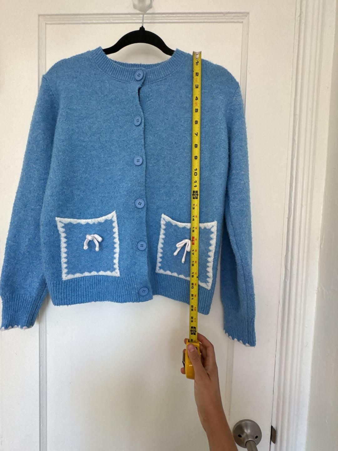 Grandma Blue Knit Cardigan Coquette Bow Pockets Scalloped Edges Prairie Cottagecore S 7