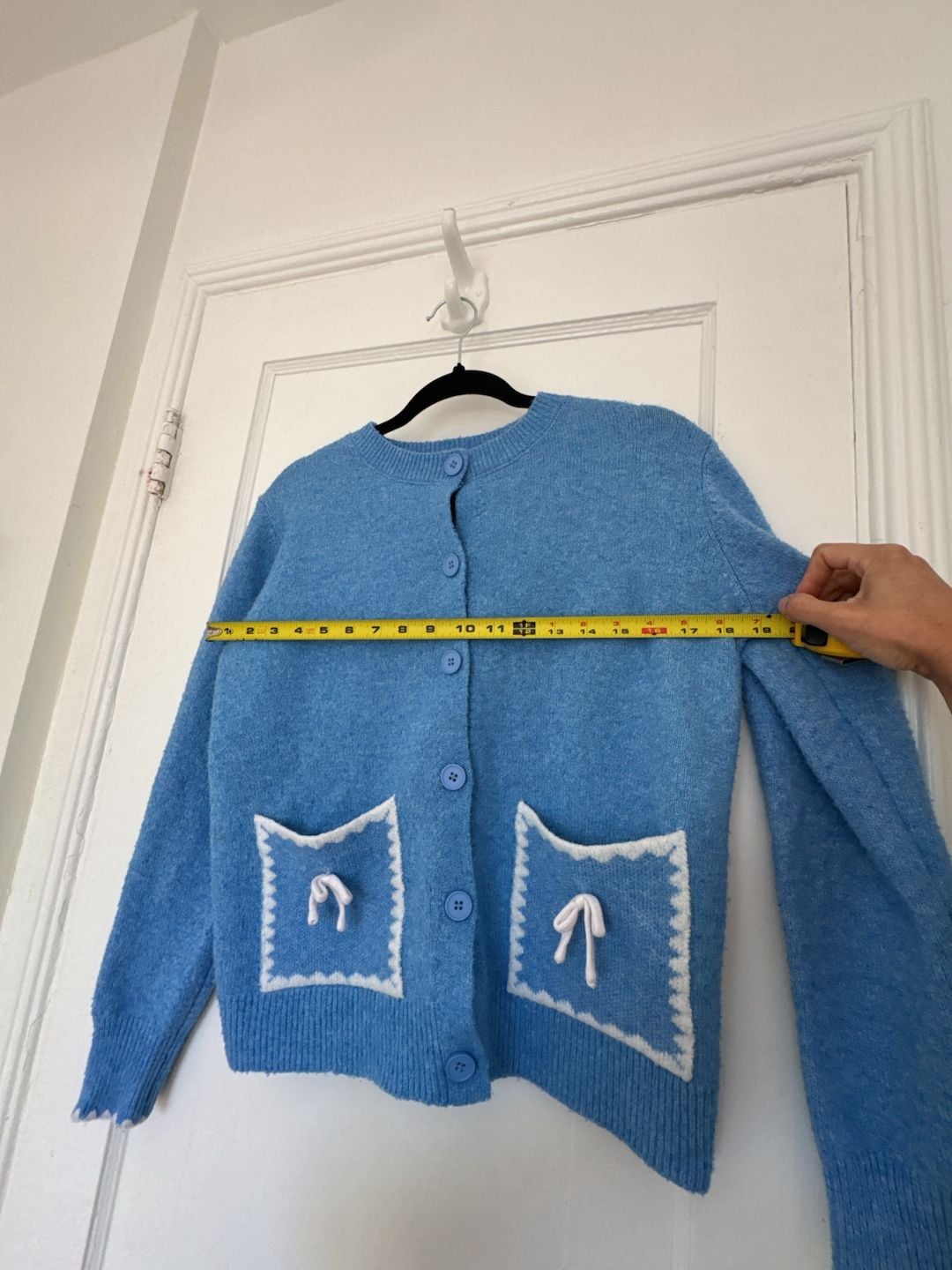 Grandma Blue Knit Cardigan Coquette Bow Pockets Scalloped Edges Prairie Cottagecore S 9