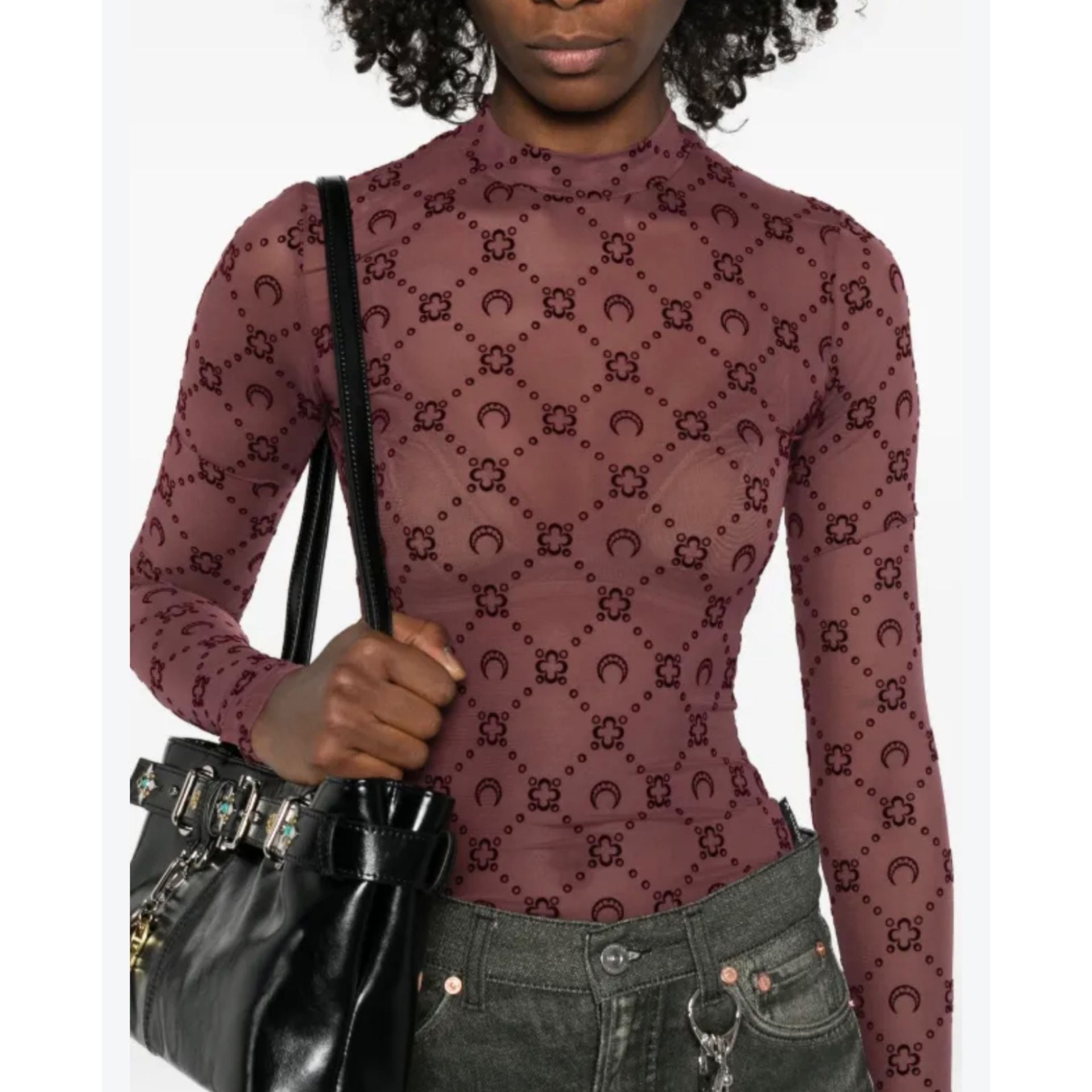Marine Serre Moonogram Flocked Mesh Highneck Top Size S Brown 6