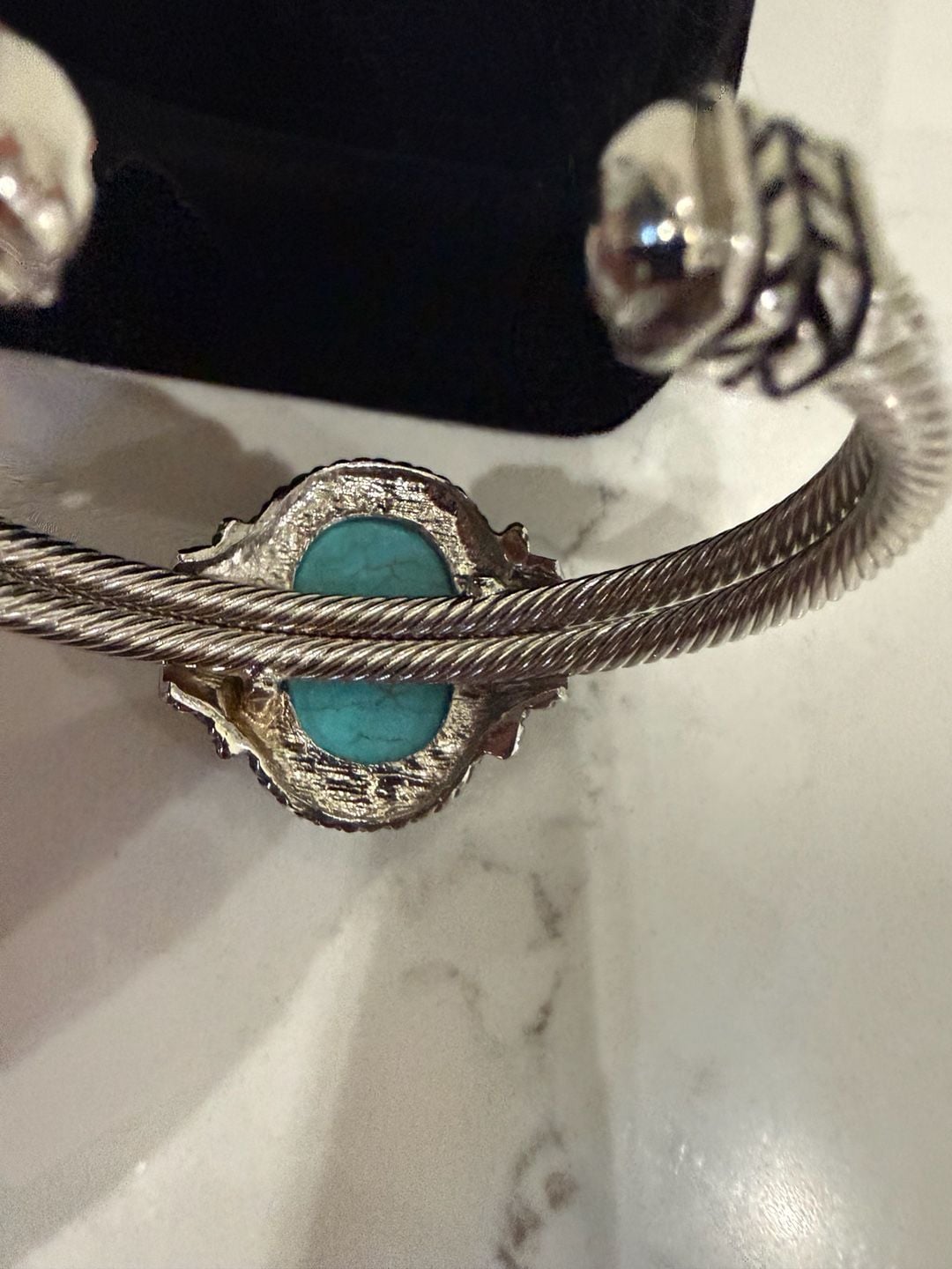 Cuff Bracelet Silver Tone W/ Large Center Round Turquoise Costume Jewelry 9