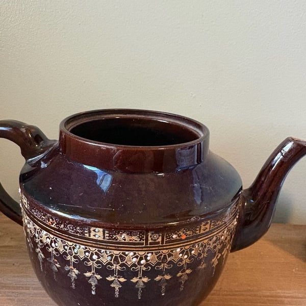Vintage Brown Glazed Ceramic Teapot Gold Trim and Enamel Details