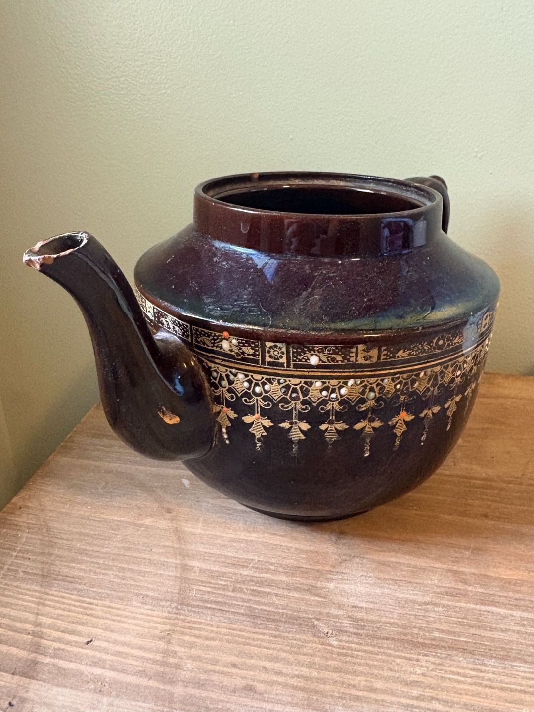 Vintage Brown Glazed Ceramic Teapot Gold Trim and Enamel Details 7
