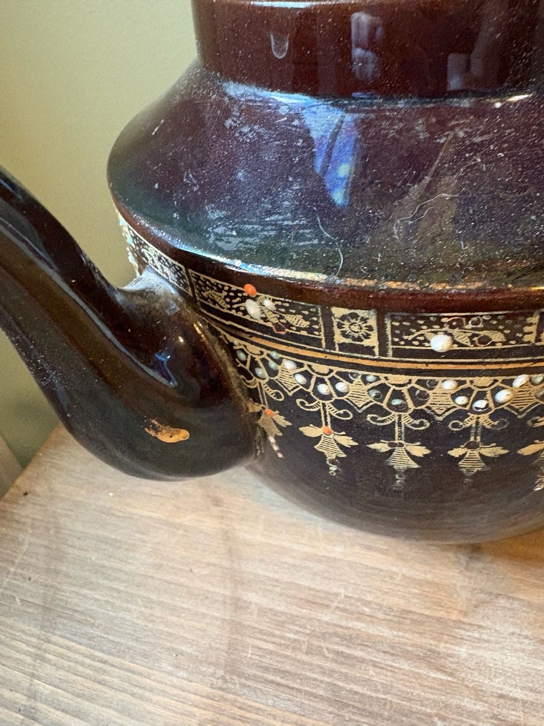 Vintage Brown Glazed Ceramic Teapot Gold Trim and Enamel Details 8