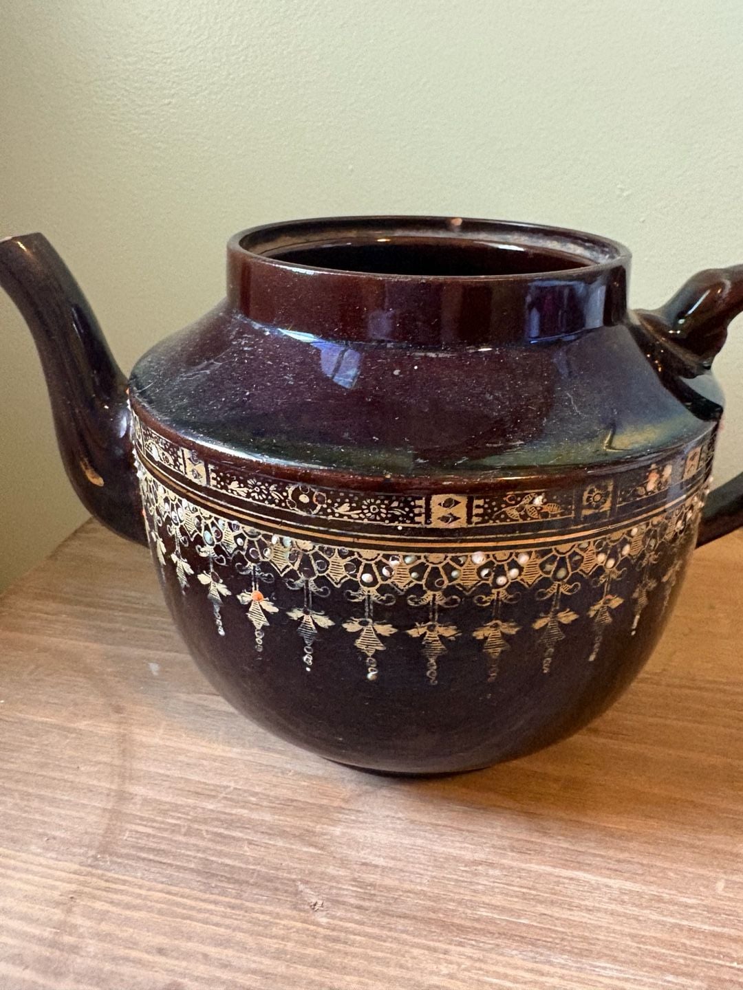 Vintage Brown Glazed Ceramic Teapot Gold Trim and Enamel Details 9