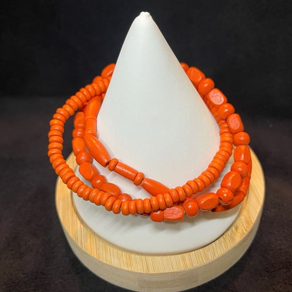 Orange Beaded Wood Bracelet Tangerine- 3-strand
