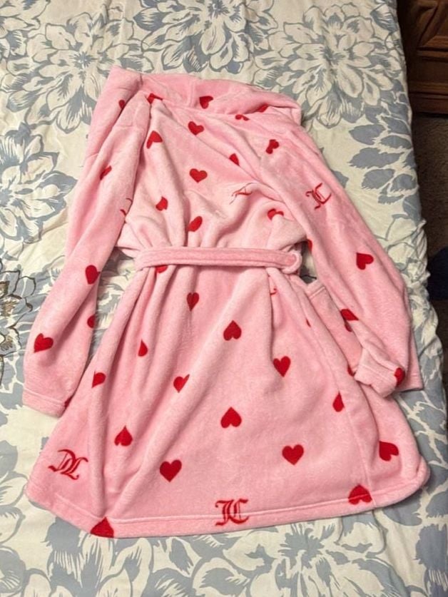Juicy Couture Plush Robe Size 1X Pink Red Hearts Sleepwear 3