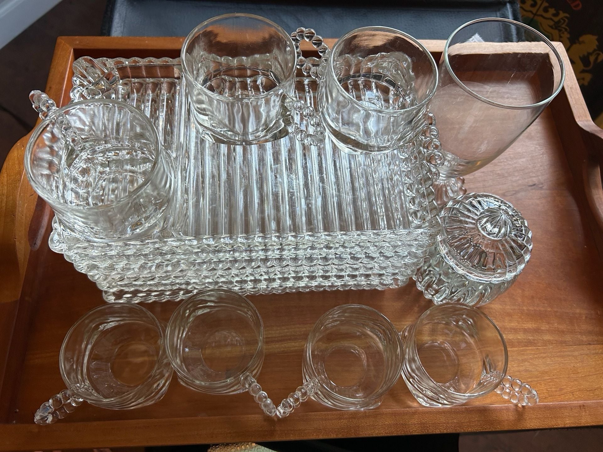 Hazel Atlas Ball and Rib Glass Sip N Smoke Snack Set . 15 pieces 2
