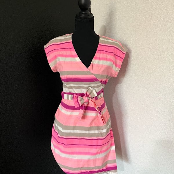 Kate Spade Saturday Striped Dress Size S Pink Belted V-Neck Mini