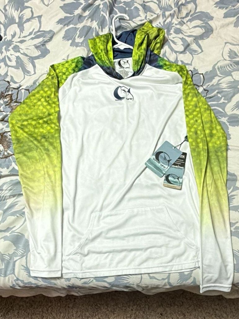 WAVE LIFE Performance Hoodie Size S White Green Port Aransas Fishing 3