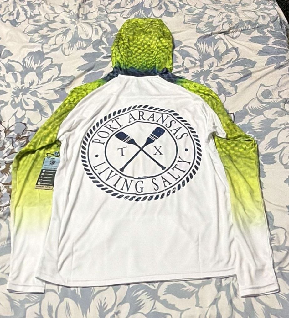 WAVE LIFE Performance Hoodie Size S White Green Port Aransas Fishing 2