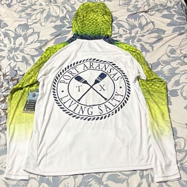 WAVE LIFE Performance Hoodie Size S White Green Port Aransas Fishing